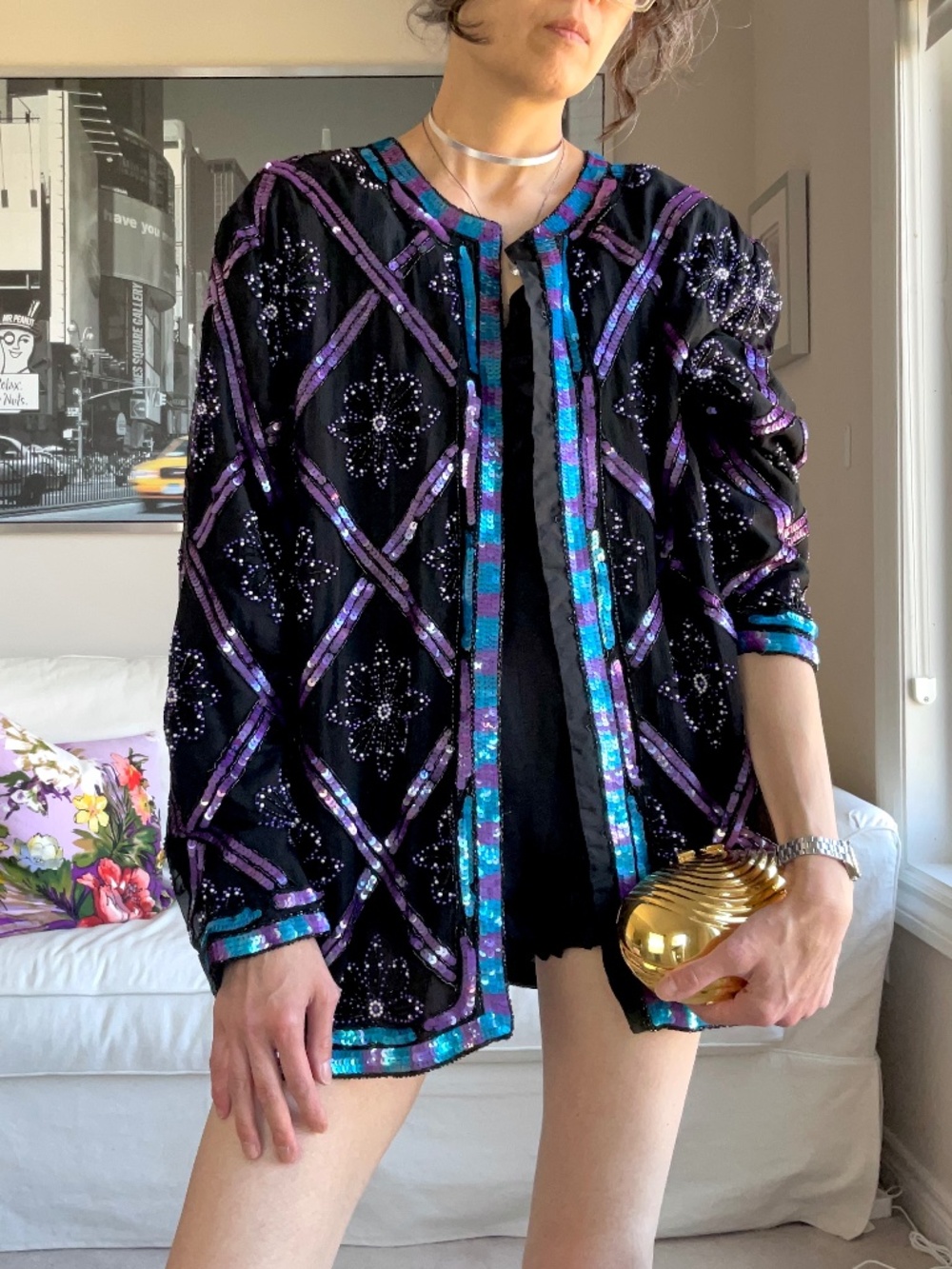 Vintage silk floral jacket with sequins and beads